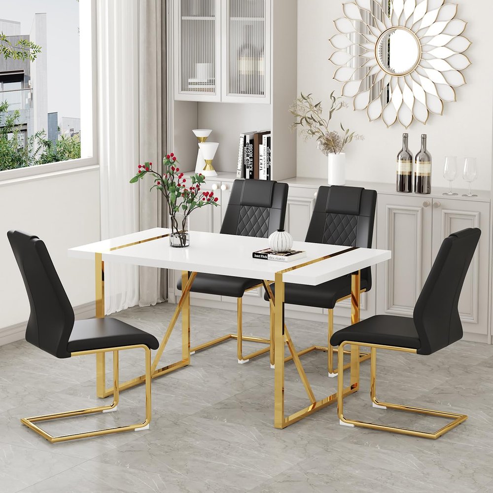 55 Modern Dining Table Set for 4, White Dining Tabletop and Golden Metal Frame, Rectangle Dining Room Table with 4 Black Upholstered Dining Chairs. Dinner table Set for Kitchen and Dining Room.