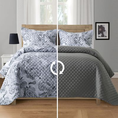 Elegant Comfort 3-Piece Boho Paisley Floral Patchwork Reversible Quilt - Soft Premium Bedspread with Matching Pillow Shams, Premium Stitching All Season Quilted Coverlet - California King, Gray