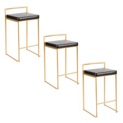 Fuji Stacker Counter Stools for Kitchen Counter in Gold Metal, Counter Height Chairs, Bar Stools Set of 2, Counter Height Chairs, Bar Stools for Kitchen Island (Black Faux Leather)