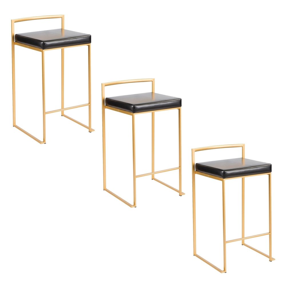 Fuji Stacker Counter Stools for Kitchen Counter in Gold Metal, Counter Height Chairs, Bar Stools Set of 2, Counter Height Chairs, Bar Stools for Kitchen Island (Black Faux Leather)