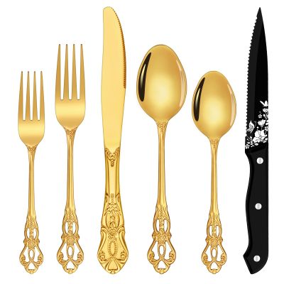 Gold Silverware Set, Ollex 24 Pieces Retro Flatware Set for 4 with Gold Spoons Forks Black Steak Knives Anti-rust Silverware Steel Cutlery Set, Gold Utensil set Mirror Polished&dishwasher safe