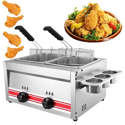 Eastnmythet 10L x 2 Professional Gas Deep Fryer Commercial 2 Tanks Fryer Stainless Steel Oil Fryer with Seasoning Tank