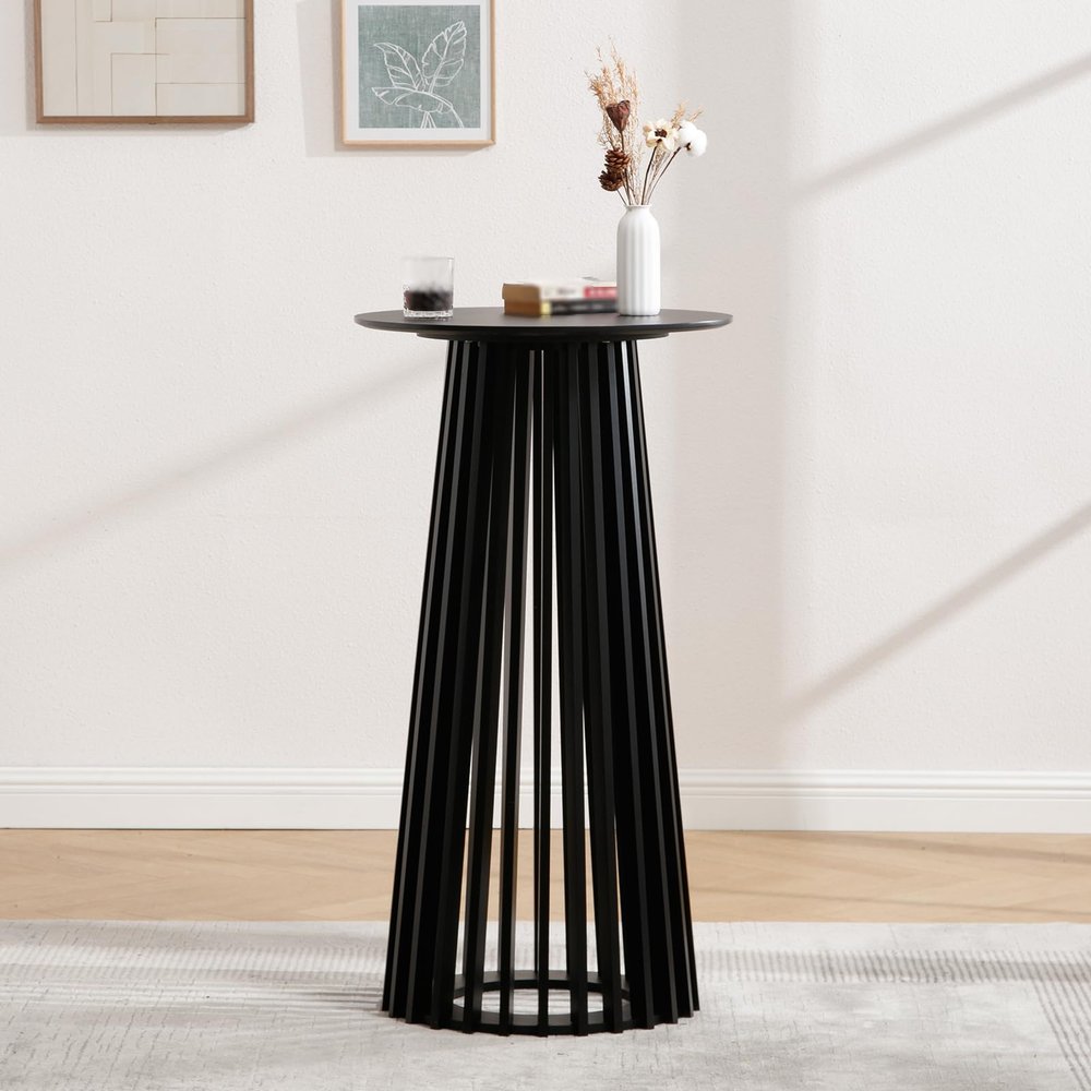 DUOMAY Black Round Bar Table, 43.5" High Wood Bar Table with Stylish Geometric Base, Modern Style Cocktail Tables for Parties, Kitchen, Dining Room, Coffee Shop