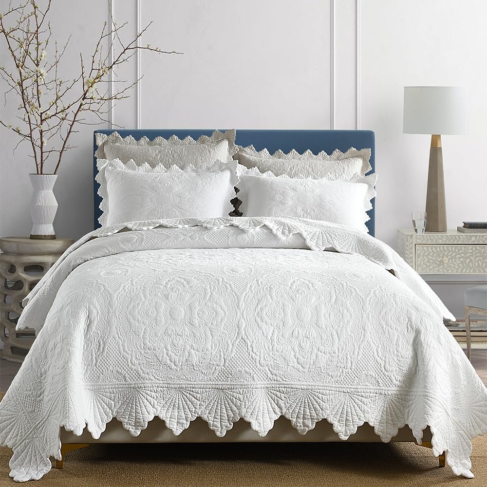 camandy Cotton Quilt Bedding Set Reversible Lightweight Coverlet for All Seasons, 3 Pieces Embossed Floral Solid White Bedspread with Ruffled Edge, Queen Size
