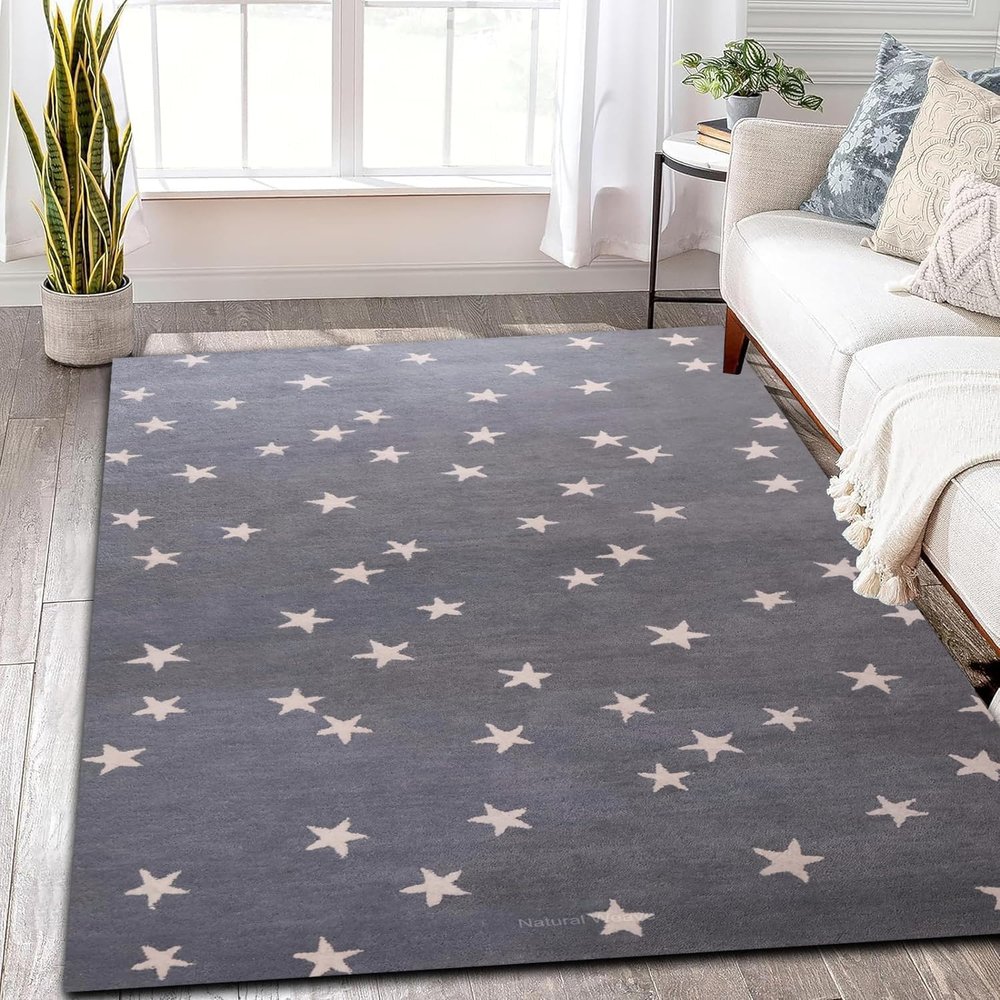PB Rugs Hand Crafted Wool Star Kids Area Rugs, Modern, Natural Latex Backing, 100% Cotton (Grey, 3 x 5 FT)