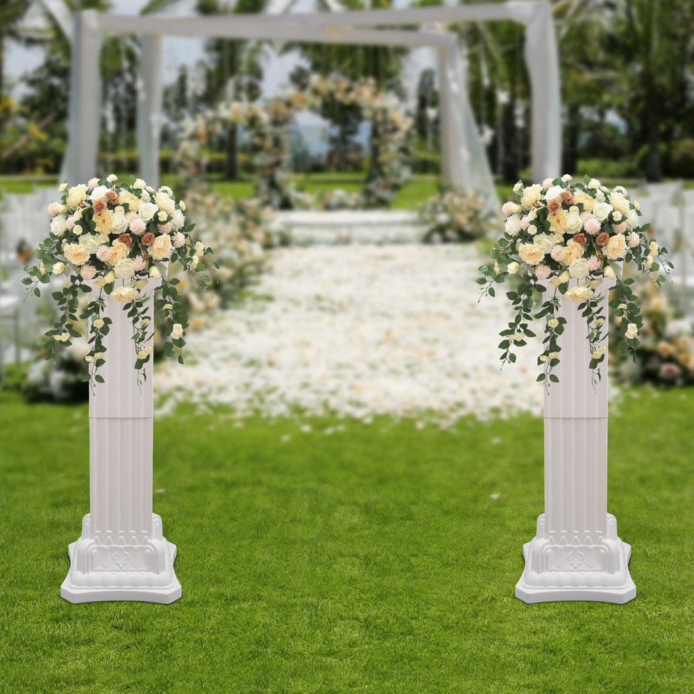 2PCS Venetian Roman Wedding Columns Roman Pillars Roman Decorative White 35-Inches Tall Wedding Party Columns Pedstal Stand Flower Floral Wedding Party Event Road Decorative Columns