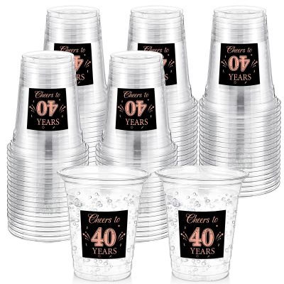 Amyhill 60 Pack 40th Birthday Plastic Cup Bulk 12 oz Cheers to 40 Years Disposable Clear Cup Happy Birthday Party for Men Women Rose Gold Decorations Party Favors Anniversary