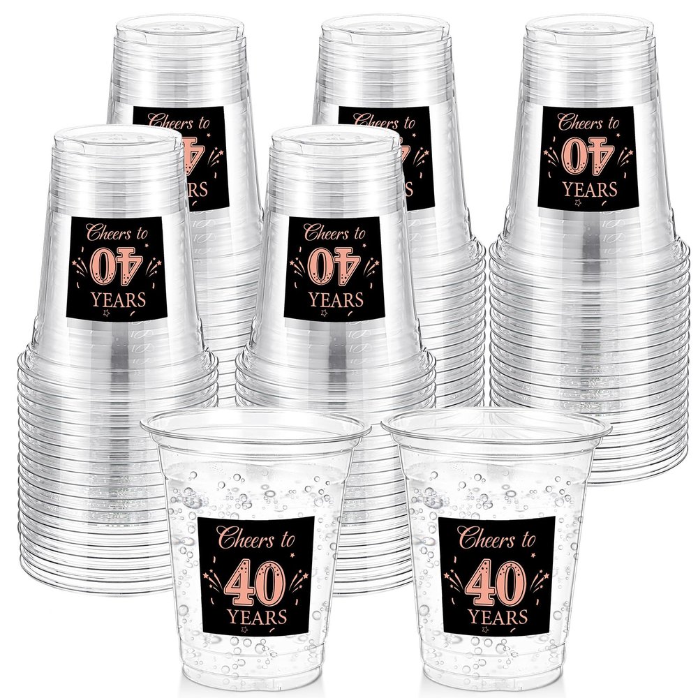 Amyhill 60 Pack 40th Birthday Plastic Cup Bulk 12 oz Cheers to 40 Years Disposable Clear Cup Happy Birthday Party for Men Women Rose Gold Decorations Party Favors Anniversary