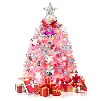 2FT Mini Pink Christmas Tree, Small Christmas Tree with Lights, Prelit Tabletop Christmas Trees with 100 Branch Tips and 60+ DIY Ornaments, Christmas Decorations Indoor and Gifts for Men Women