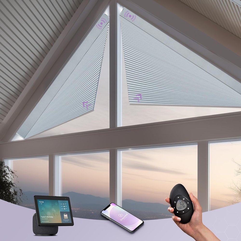 Graywind Smart Angled Blinds Compatible with Alexa Google Motorized Triangle Shaped Shades Solar Powered, Customized for Odd-Shaped Window (Blackout White)