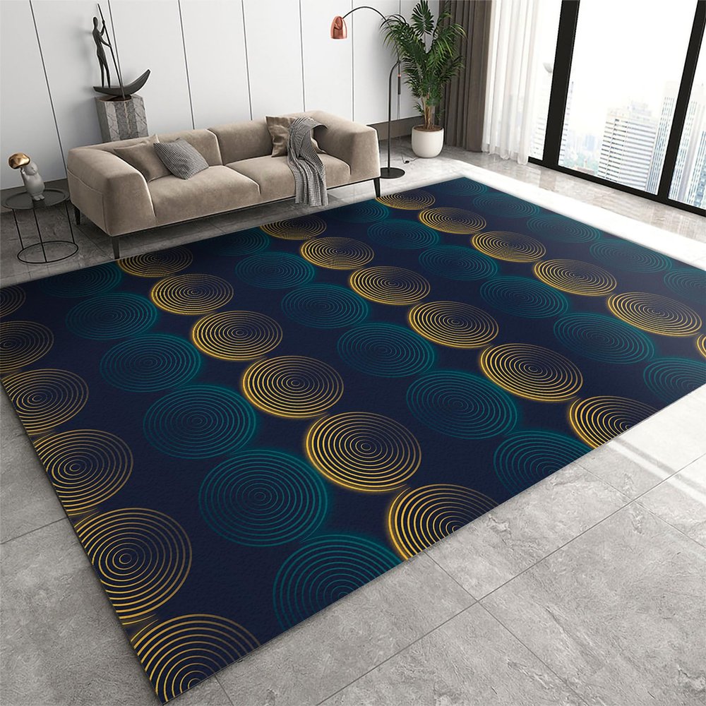 Abstract Blue and Gold Circles Area Rugs, Modern Home Decor Area Rug for Living Room, Anti-Slip Hardwearing Non-Shedding Easy Clean Floor Mat for Sofa Bedroom Entryway Hallway Bath Room 4x6ft