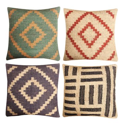 4 pcs Indian Wool Jute Pillow Cover Handwoven Rug Kilim Pillow Case 18x18 Inches Boho Home Decor Vintage Cushion Case Oriental Cushion Cover Decorative Throw Pillows Pattern 5