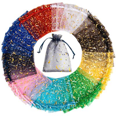 Sukh 100pcs Organza Bags 4"x6" - Moon Star Small Gift Bags Bulk Party Favor Mesh Bags Drawstring Goodie Wrap Pouch Bags Candy Jewelry Sachet Bracelet Fruit Protection Bags Wedding Halloween Christmas