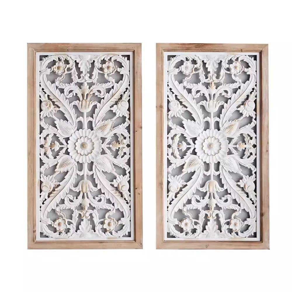 GZHERVICES Large Carved Wood Sculpture Panels Set, Antique Wooden Panels Wall Art Dcor Elegant Wood Wall Art Plaque Sculpture Hanging Wall Dcor for Hotel Homestay Tea Room(2PCS/83x3.5x75cm)