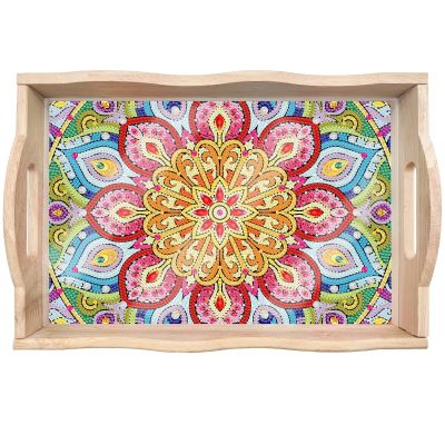 Generic DIY Diamond Serving Tray Rectangular Upgrade Increase Breakfast Tray with Handles Handmade Diamond Art Painting Wooden Tray Dinner Plate for Coffee Living Room Home Organizer-Mandala09
