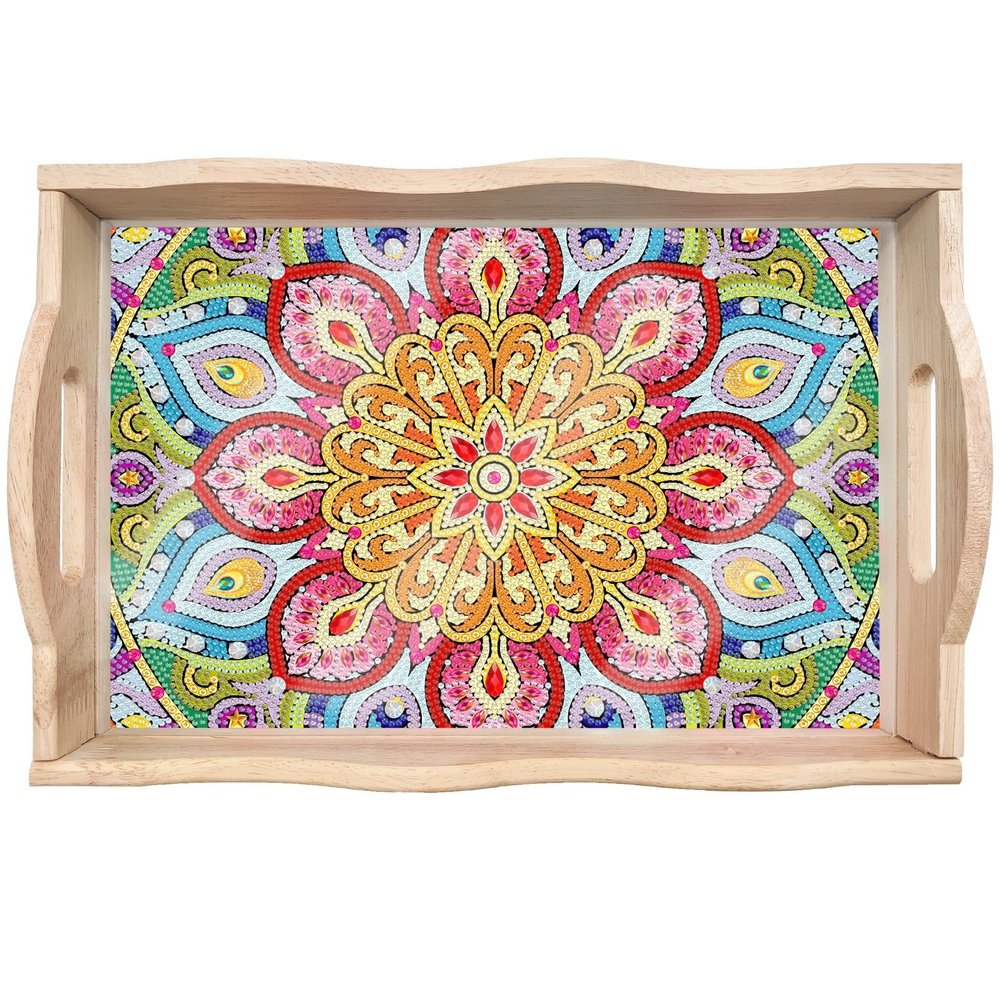 Generic DIY Diamond Serving Tray Rectangular Upgrade Increase Breakfast Tray with Handles Handmade Diamond Art Painting Wooden Tray Dinner Plate for Coffee Living Room Home Organizer-Mandala09