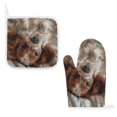 2Pcs Oven Mitts and Pot Holders Sets Heat Resistant Non-Slip Oven Gloves and Potholders Brown and White Dog Kitchen Gloves Soft Lining Kitchen Mitts Hot Pads for Cooking