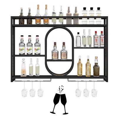 BYJSJY Wine Rack Wall Mounted, LED Lighted Liquor Bottle Display Shelf, Metal Bar Unit Floating Shelves Bottle Holder, Hanging Goblet Display, for Home Kitchen Organizer Decor(Black,120x15x80cm)