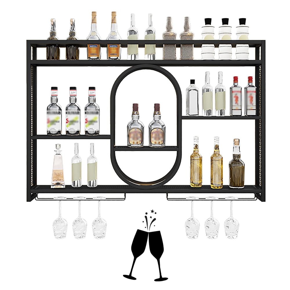 BYJSJY Wine Rack Wall Mounted, LED Lighted Liquor Bottle Display Shelf, Metal Bar Unit Floating Shelves Bottle Holder, Hanging Goblet Display, for Home Kitchen Organizer Decor(Black,120x15x80cm)