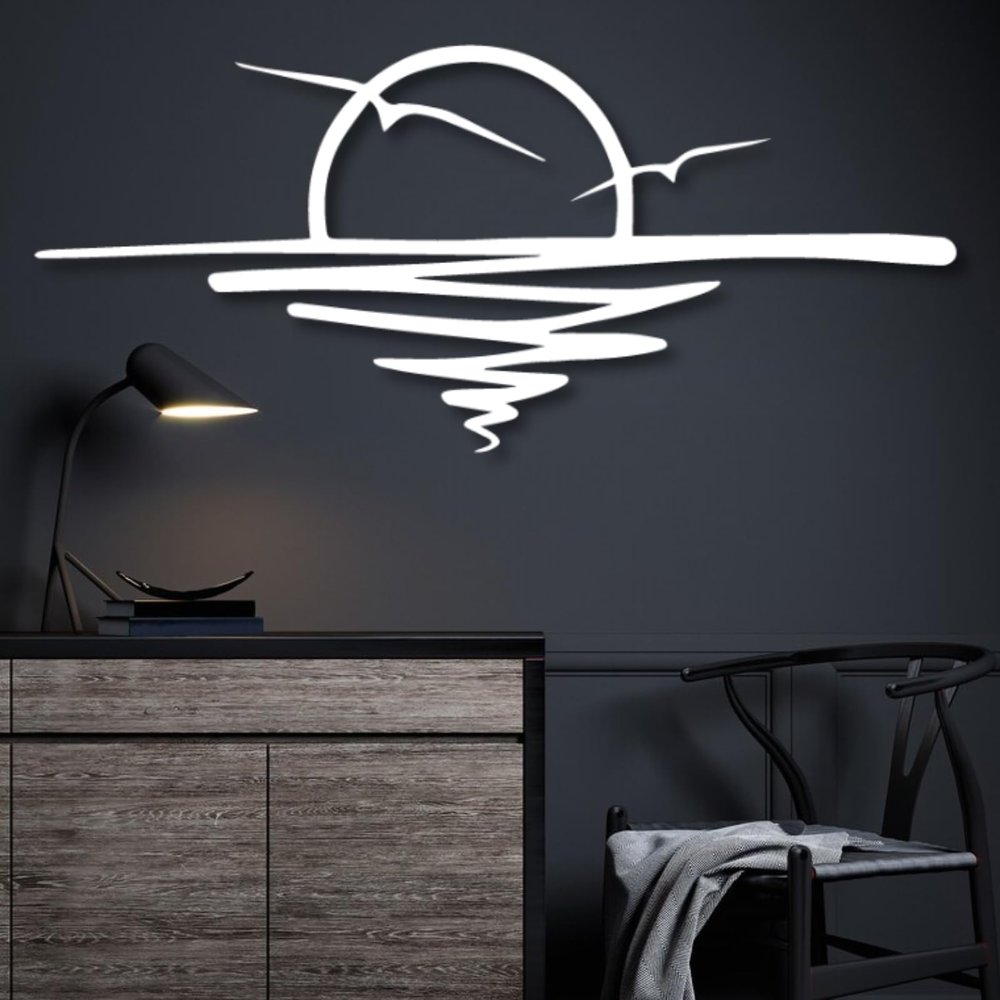 Mimiso Sunrise Metal Wall Art,Sunrise and Seagulls Metal Wall Decor for Living Room,Abstract Sunset Home Decor, Minimalist Line Art, Housewarming Gift (WHite,47"21")