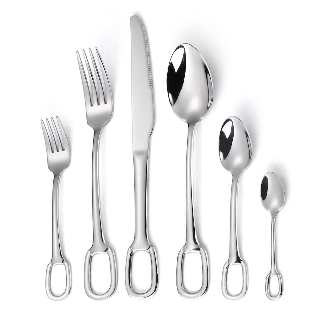 ONUIFIKE Silverware Set, 6/24/36/48/60/72 Pieces Creative Tableware 304 Stainless Steel Spoon Ring Hotel Home Steak Knife And Fork Spoon Hanging Hole Fork Tea Spoon, Home Cutlery Flatware Set(Silver,