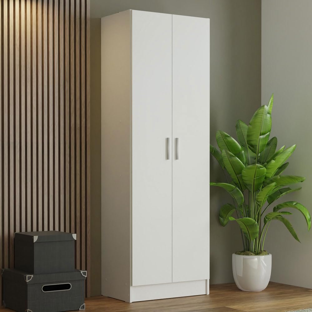 Madesa Pantry Storage Cabinet Armoire Closet with 2 Doors and 5 Utility Shelves 23" L Wooden Organization Unit for Bedroom, Office, Laundry Room, Kitchen, and Garage - White