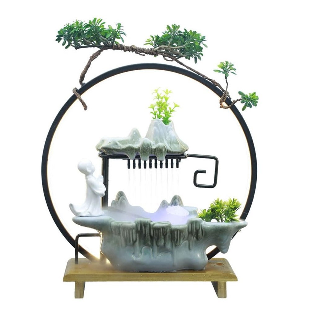 Tabletop Fountain Indoor Tabletop Fountain Zen Home Circulating Water Fountain Ceramic Creative Entrance Humidifier with LED Light Ring Ornaments Indoor Fountain Tabletop