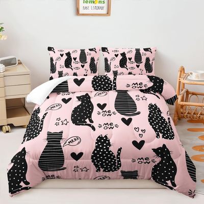 AILONEN Black Cat Comforter Set Full Size,Pink and Black Soft Microfiber Kitted Bedding Set,3-Piece Cat Lover Bedroom Comforter with 2 Pillowcases
