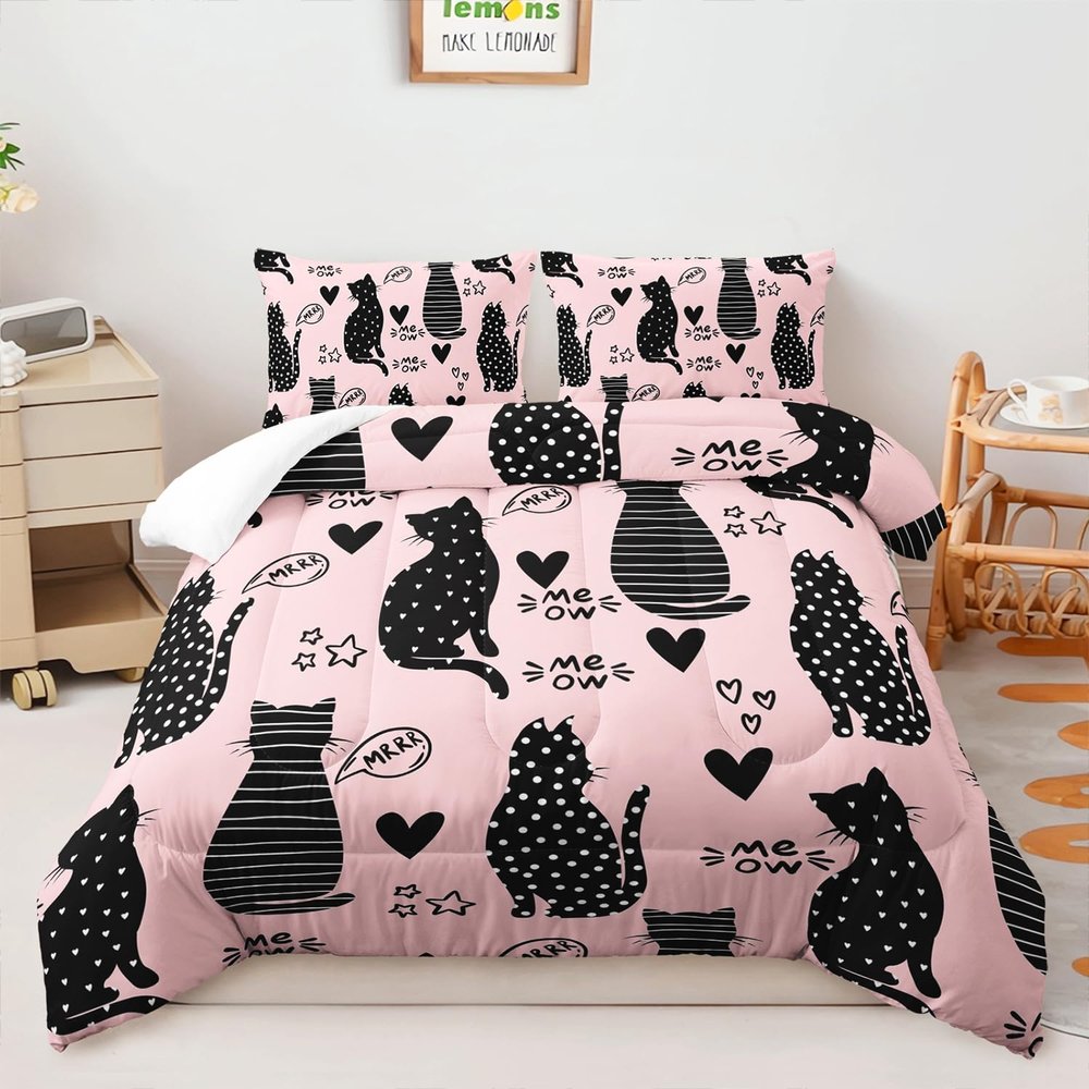 AILONEN Black Cat Comforter Set Full Size,Pink and Black Soft Microfiber Kitted Bedding Set,3-Piece Cat Lover Bedroom Comforter with 2 Pillowcases