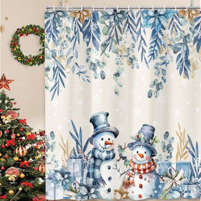 Winter Christmas Shower Curtain,Holiday Blue Snowman Bath Curtain for Xmas Gift, Eucalyptus Leaf Flower Floral Bathroom Accessories Curtain, Waterproof Washable Fabric 12 Pack Metal Hooks 70X75in