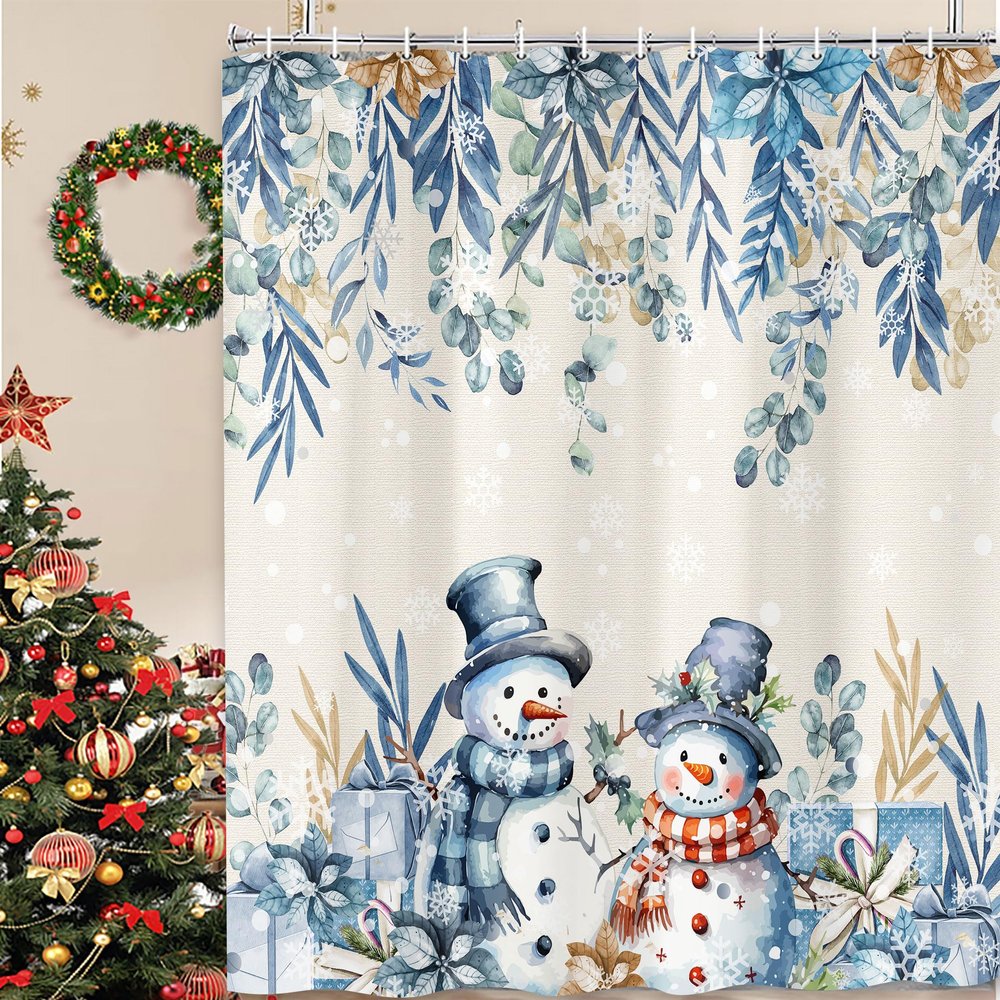 Winter Christmas Shower Curtain,Holiday Blue Snowman Bath Curtain for Xmas Gift, Eucalyptus Leaf Flower Floral Bathroom Accessories Curtain, Waterproof Washable Fabric 12 Pack Metal Hooks 70X75in