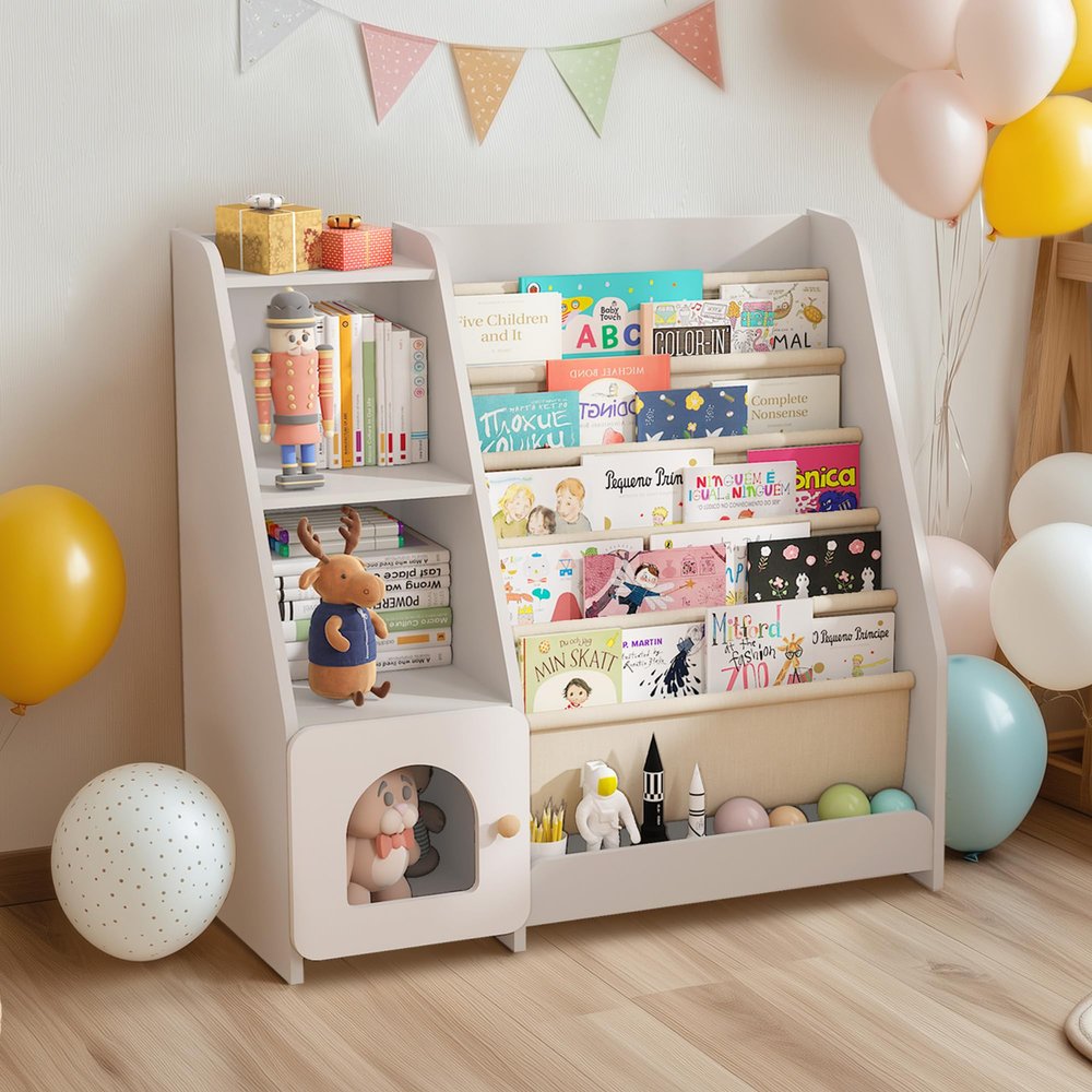 Kids Bookshelf Montessori, 5 Sling Bookcase, 4 Tier Toy Storage, Wooden Toddler Book Rack, Baby Toy Storage Floor for Nursery Playroom Library Bedroom, White