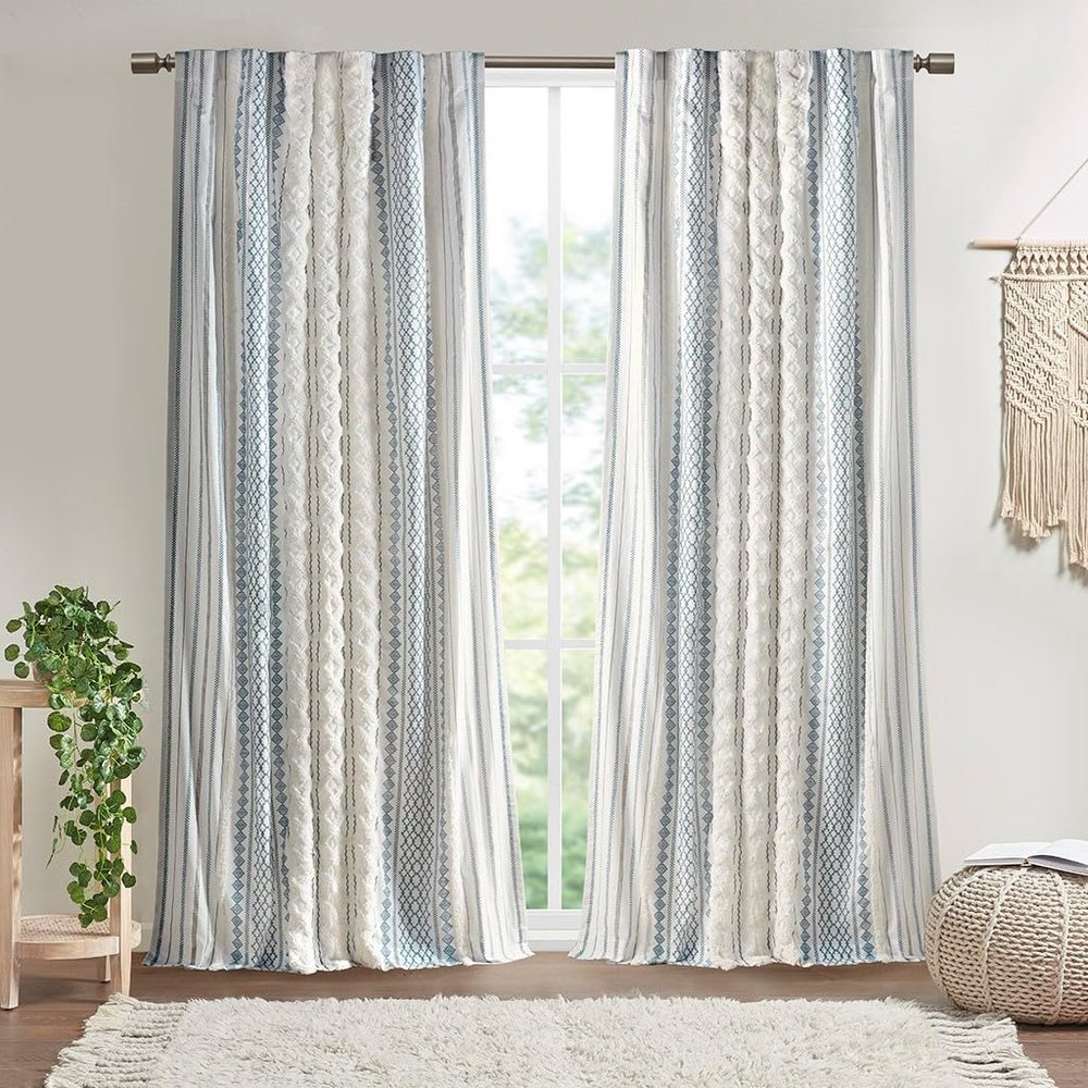 Anwick 100% Cotton Single Panel Curtain Tufted Chenille Stripe Geometric Print Mid-Century Look Rod Pocket Top Drape for Living Room, Privacy Window Treatment for Bedroom (Ivory+Navy, 84"x50")