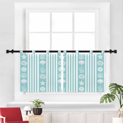 Aqua Stripes Coastal Kitchen Curtains 24 Inch Length Light Filtering Tier Curtains Tab Top Cafe Curtains for Kitchen Bedroom Bathroom Window Treatment Drapes 2 Panels Nautical Ocean Beach Coral Shell