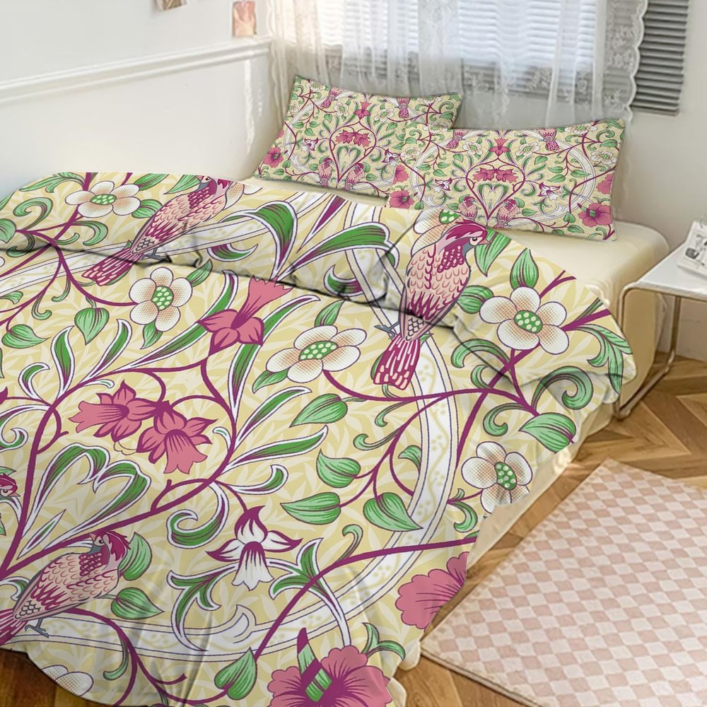 MSSHUKYTT Rustic Mid Century Boho Art Full Size Comforter Cover Sets 3 Piece,Abstract William Morris Spring Florals Green Leaf Bird Duvet Cover Set 2 Pillowcases(No Insert)