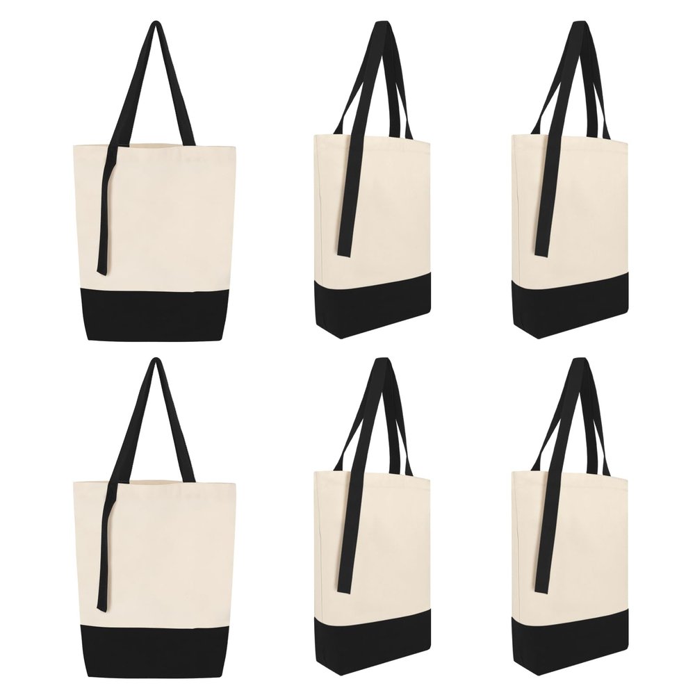 Muka 6 Pack Two-Tone Accent Gusseted Tote Bag, Heavy Weight Canvas Tote with Contrasting Handles-Natural/Black