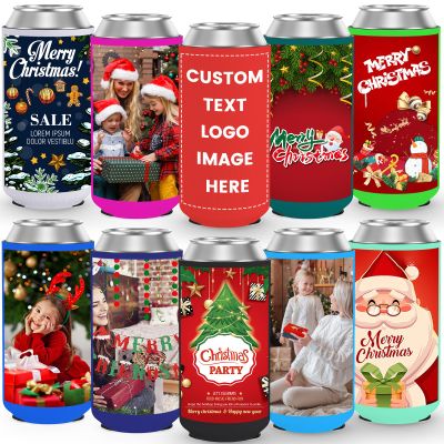 150 Pcs Custom Christmas Slim Can Cooler Bulk Personalized Logo, Photo or Text Insulated Beer Drink Bottle Sleeves for Friendsgiving Thanksgiving Christmas Party Decorations Supplies Favors