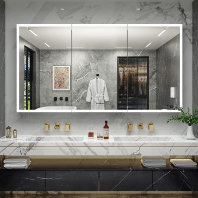 ACEMIRO 60"32" Lighted Bathroom Medicine Cabinet with Mirror, Recessed Medicine Cabinet Mirror with Lights, Three Door LED Bathroom Mirror with Outlet & Clock, Dimming, Defogger, Memory Function
