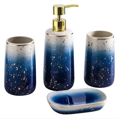 QIHCMLAJ Bathroom Accessory Set,Ceramic Bathroom Accessories Set,Bathroom Accessories Sets Complete,4 Piece Blue Gradient Bathroom Sets Accessories,Include Tumbler,Soap Dish,Soap Dispenser