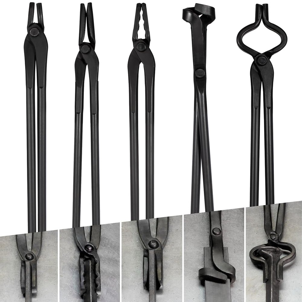 V-SEK Blacksmith Tongs Set - V-Bit, Flat, Blade, Square Jaw, Wolf Jaw Tongs (5PCS)