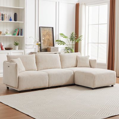106" Multi-Module Combination Style Sofa Couch, Modern Minimalist Corduroy Combination Sofa Set with 2 Comfort Cushions with USB & C Charging Ports for Living Room, Bedroom (Beige)