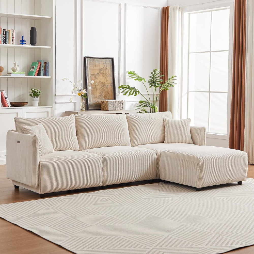 106" Multi-Module Combination Style Sofa Couch, Modern Minimalist Corduroy Combination Sofa Set with 2 Comfort Cushions with USB & C Charging Ports for Living Room, Bedroom (Beige)