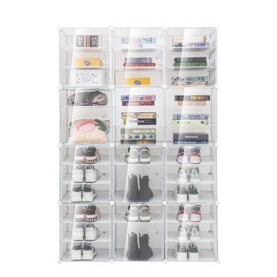 12-Tier 72 Pairs Foldable Shoe Rack White Shoe Organizer with Clear Door Stackable Storage Bins Thicken Stackable Shoe Boxes Shoe Rack Organizer for Closet Shoes Cabinet Storage for Entryway (12)