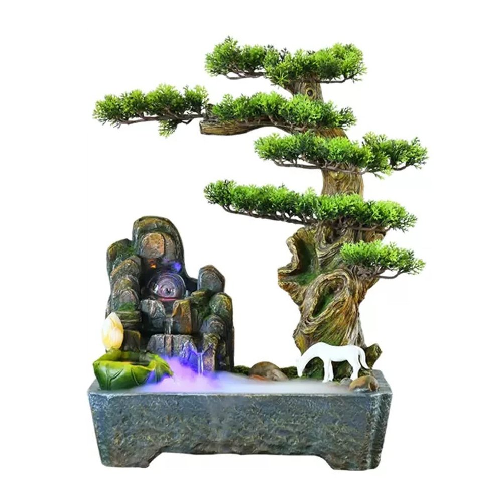 Tabletop Fountain Indoor Resin Indoor Desktop Fountain Artificial Tree Potted Waterscape Rockery Waterfall Fountain for Home Office Bedroom Indoor Fountain Tabletop