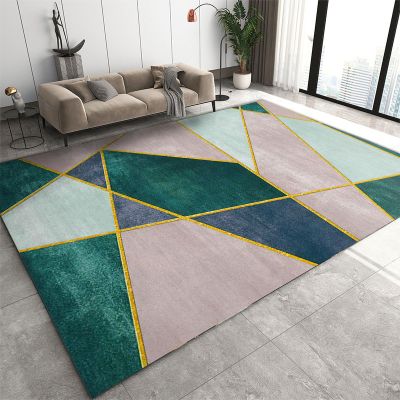 Nordic Light Luxury Area Rugs, Emerald Green Pink Blue Gold Geometric Carpets, Anti-Slip Hardwearing Fade Resistant Foldable Floor Mat for Living Room Bedroom Entryway Hallway Office 4x5ft