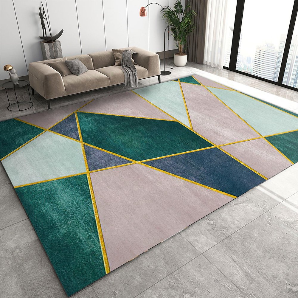 Nordic Light Luxury Area Rugs, Emerald Green Pink Blue Gold Geometric Carpets, Anti-Slip Hardwearing Fade Resistant Foldable Floor Mat for Living Room Bedroom Entryway Hallway Office 4x5ft