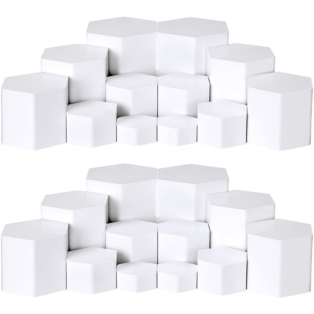 Jetec Hexagonal Jewelry Display Risers Hexagonal Market Display Risers Stands Acrylic Showcase Acrylic Stand for Jewelry Model Figures Decoration, 6 Sizes(White,24 Pieces)
