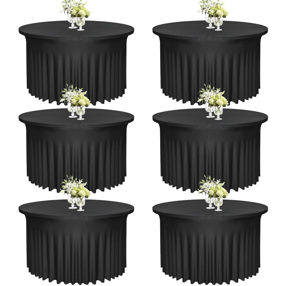 6Pack Elegant Black Round Tablecloths with Skirts | 60 Inch Diameter x 30 Inch Drop | Durable Polyester Spandex Fabric | Easy Care & Wrinkle-Free | Great for Parties, Banquets & Special Occasions