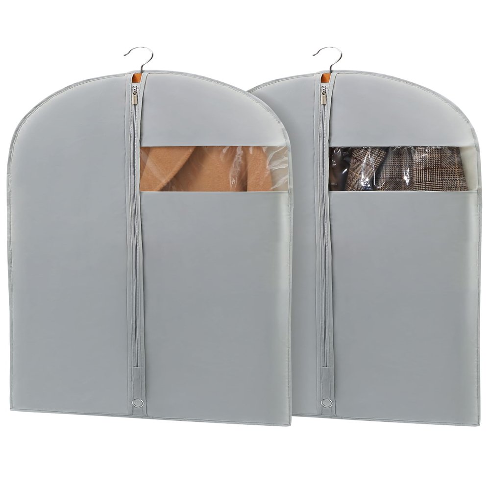 Perber 43" Garment Bags for Hanging Clothes, Suit Bags for Closet Storage and Travel, Grey Suit Cover Bags with Clear Window for Coats, Jackets, Shirts (2 Packs)