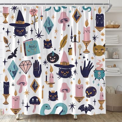 YSATNSFT Spooky Halloween Shower Curtain Black Alchemy Witch Cat Mushroom Witchcraft Mysterious Magic World Fabric Bathroom Decor Set with Hooks,(67" Wx70 H)